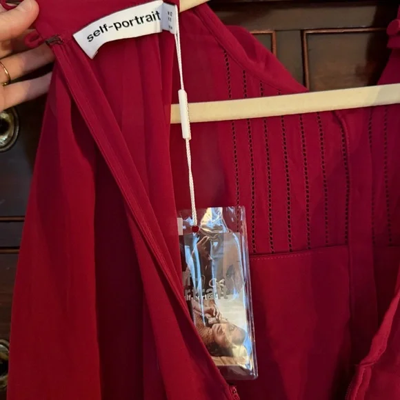 NWT Self-Portrait Hot Pink Tie-Neck Pleated Chiffon Midi Dress w/ Pearls Sz 8